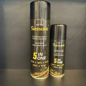 סדרת תרסיסי ניקוי למכונות תספורת של Sassonic, בקבוק גדול ובקבוק קטן.