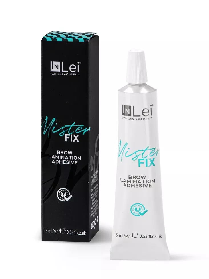 דבק ללמינציית גבות Mister Fix של IN Lei באריזת קרטון, מתאים למקצועות היופי.